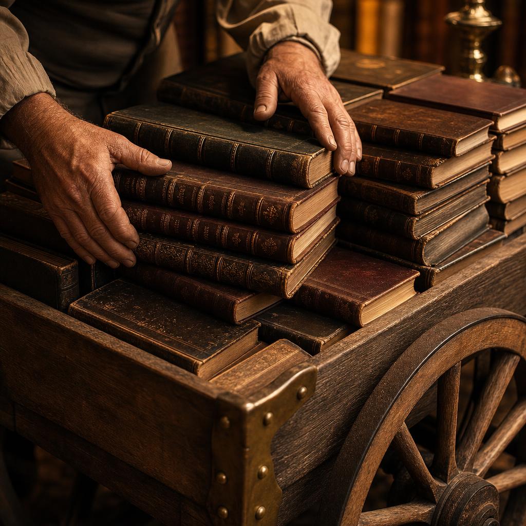 Hands arranging old books for delivery